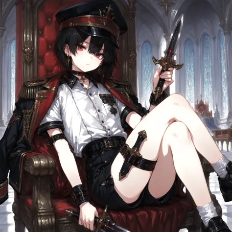 ((Best Quality)), ((masterpieces)), (detailed), Perfect Face, SOLO, ((femboy)), tomgirl, ANIME, beautiful detailed eyes, BOB hair, BOBed hair, black hair, RED EYES, BARE thighs, (((BARE LEG))), ((BLACK short pants)), (((dress shirt))), ((Flat chest)), Chok...