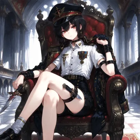 ((Best Quality)), ((masterpieces)), (detailed), Perfect Face, SOLO, ((femboy)), tomgirl, ANIME, beautiful detailed eyes, BOB hair, BOBed hair, black hair, RED EYES, BARE thighs, (((BARE LEG))), ((BLACK short pants)), (((dress shirt))), ((Flat chest)), Chok...