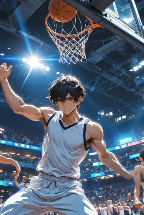 NBA basketball scene, (dark-haired young man" Asuka"Slam dunk shot slamming against a goal post with both arms), (1ball, Goal post shaking due to impact, white uniform), dynamic action((extreme low angle, motion blur:1.2, speedline, action line, dramatic l...