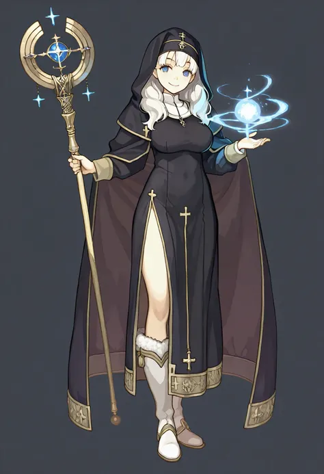anime art, masterpiece, best quality, girl, woman, highres, 1girl, casual pose, smiling, holy woman, masterpiece, best quality, amazing quality, very detailed, high details, very detailed skin, high resolution, priestess, cleric, fantasy art, nun girl, flu...