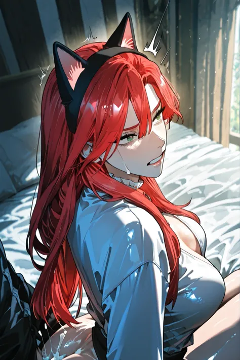 (SuperQuality:1.0) ~ (SuperQuality:1.2), detailxl, 1girl, High Resolution, Best Quality, High Details, Super Detailed, indoor, Amy Karmis, green eyes, red hair, long hair, bangs, hair between eyes, Large breasts, cat ears headband, Shiny, Skin, 1boy, sex, ...