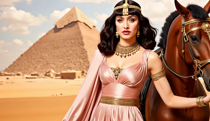 1950s, Cleopatra, standing with horse, Giza pyramid, silky shiney glittery decent covered pink dres, extremely rich, fully covered neck