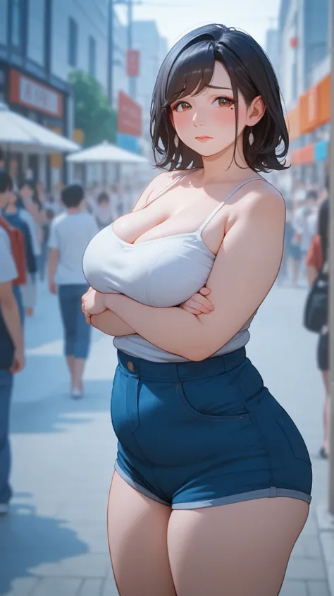 {{anime , whole body, source_anime, outdoors, colorful, vibrant, blurry background, looking at viewer, solo, crowd, }} mature female, asian, Japanese, fair skin, plump, mole under right eye, mature eyes, eyeliner, gentle eyes, black hair, swept bangs, brow...