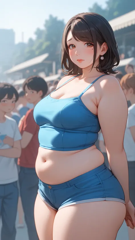 {{anime , whole body, source_anime, outdoors, colorful, vibrant, blurry background, looking at viewer, solo, crowd, }} mature female, asian, Japanese, fair skin, plump, mole under right eye, mature eyes, eyeliner, gentle eyes, black hair, swept bangs, brow...