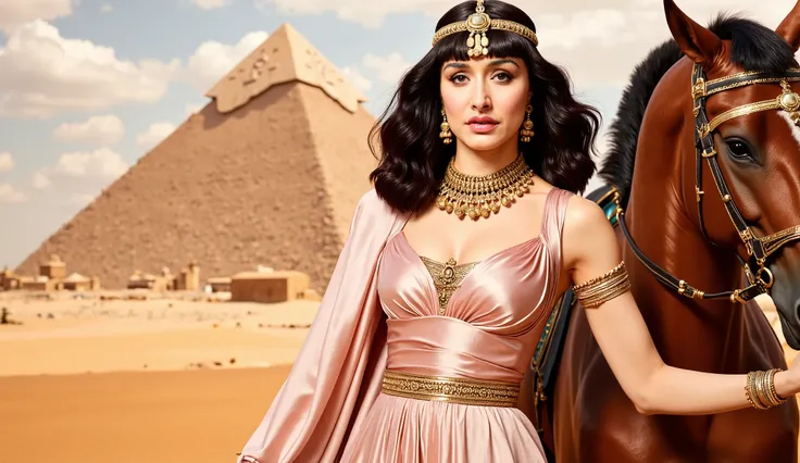 1950s, Cleopatra dark eyeliner standing with horse, Giza pyramid, silky shiney glittery decent covered pink dres, extremely rich, fully covered neck, beautiful