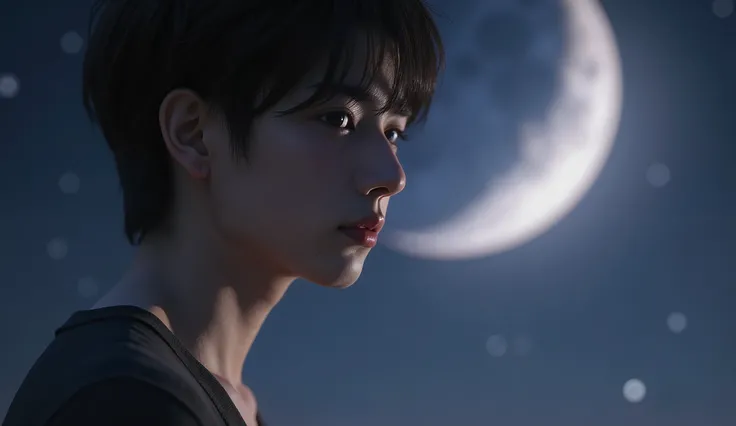 A human realistic half-body portrait of a young Asian male, with a contemplative and slightly melancholic expression, looking thoughtfully into the distance. His face and figure are clearly visible, softly lit by cool, moonlight-like illumination from one ...