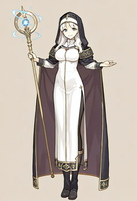 anime art, masterpiece, best quality, girl, woman, highres, 1girl, casual pose, smiling, holy woman, masterpiece, best quality, amazing quality, very detailed, high details, very detailed skin, high resolution, priestess, cleric, fantasy art, nun girl, reg...