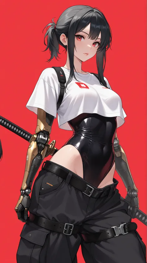 masterpiece, best quality, incredibly absurd, highres, 1 girl, black hair, sidelocks, short ponytail, long hair, red eyes, black leotard, ILLv5, baggy pants, pocket, mechanical leotard, white shirt, short-sleeved leotard, cropped shirt, cowboy shot, Standi...