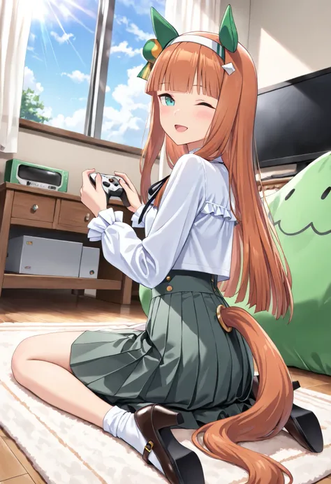 (masterpiece, best quality, perfect face:1.4), wide angle, silence suzuka \(umamusume\), horse ears, ear cover, white headband, small breasts, horse tail, tail on the lower back, proportional body, proportional,1 girl, beautiful hair, beautiful face, beaut...