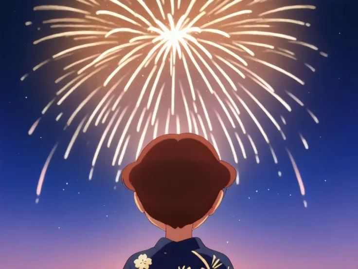 sakura_mami,burgundy hair,bouncing short hair,No back hair,1girl,solo,Along the river at night、fireworks display、yukata、 look up at fireworks、detailed anime style showing fireworks on the surface of the water、I can see the river、mountains can be seen in th...