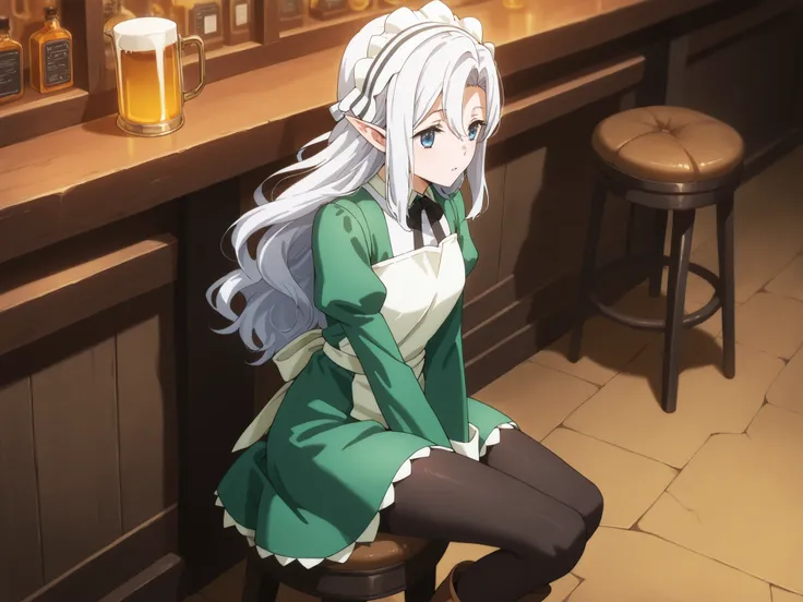 one woman, mayumi saegusa, elf ears, white hair, blue eyes, green maid dress, white headband, black pantyhose, brown boots, working in a pub, high quality, HD