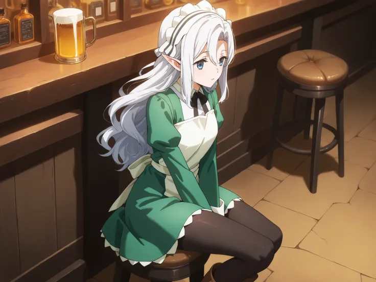 one woman, mayumi saegusa, elf ears, white hair, blue eyes, green maid dress, white headband, black pantyhose, brown boots, working in a pub, high quality, HD