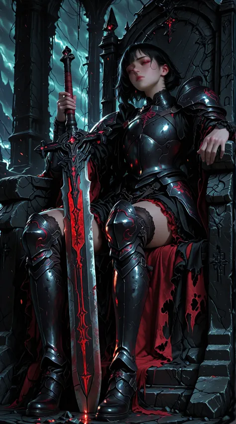 A single young woman sits alone on a massive, jagged stone throne carved into the edge of a cliff. She has a strong, androgynous beauty—short black hair, sharp cheekbones, and a calm, unreadable gaze. Her armor is dark steel with crimson accents, heavy but...
