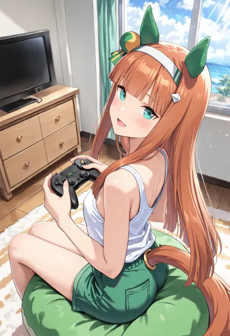 (masterpiece, best quality, perfect face:1.4), wide angle, silence suzuka \(umamusume\), horse ears, ear cover, white headband, small breasts, horse tail, tail on the lower back, proportional body, proportional,1 girl, beautiful hair, beautiful face, beaut...