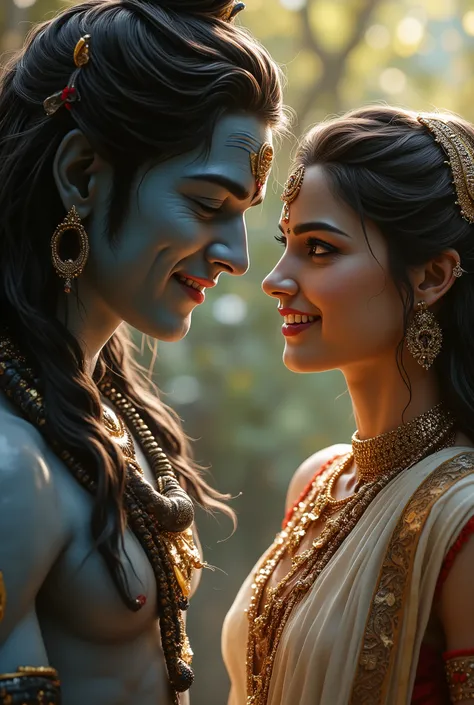 lord Shiva (smiling, blue skinned, black matted hair, wearing white dhoti and snake in neck)with Goddess Parvati looking into his eyes with a serene smile , she is wearing a cream color saree with gold borders,crown on head, bridal jewelry, her expression...