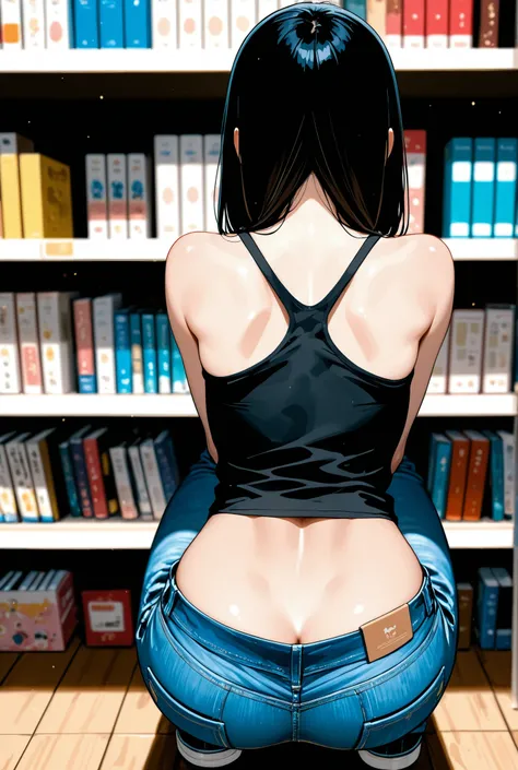 Woman with her back facing forward　is crouching　tank top　((The split in the butt is slightly visible from the jeans))　Small Beautiful Breasts　　Indoor　book store