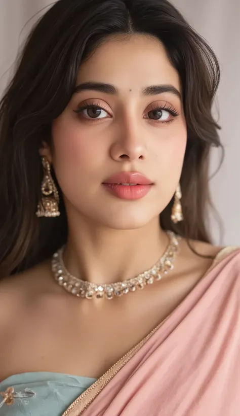 A beautiful 22-year-old Indian girl in , wearing a simple, elegant saree with soft, natural colors like pastel pink or sky blue. She is adorned with traditional Indian jewelry — small jhumka earrings and a delicate gold necklace. Her hair is long, slightly...