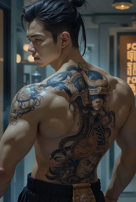 Sexy brunette man with samurai tattoo on his back