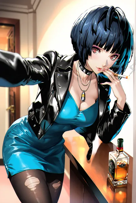 ((masterpiece, Highest Quality, high resolution, CG integrated 8K wallpaper with great attention to detail,ultra detail)),1Girl,takemicasualp5, short hair, bob cut, black hair, blue hair, choker, necklace, leather jacket, blue dress, spiderweb, ripped pant...