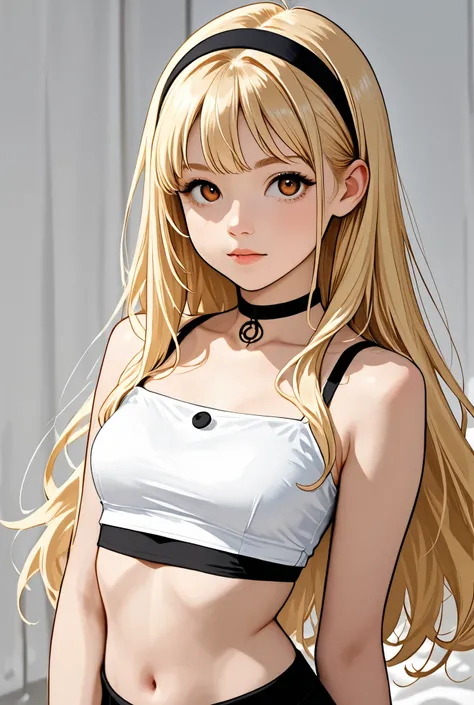 young blonde girl in white cropped top and black headband; bauchnabel