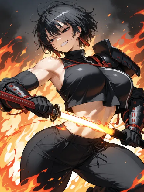 (masterpiece), best quality, extremely detailed), large breasts, bouncing breasts, arched back, thick thighs, muscular, big shoulders, big arms, 1girl, Hiyuki Kagari (Kagurabachi), black hair, messy hair, short hair, black eyes, grinning, gritted teeth, li...