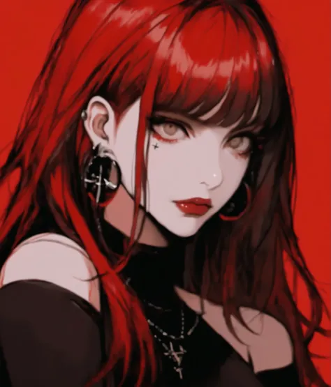Add a 2.5D picture of a female with Box dyed red hair, heavy dark makeup, curvy and fit, totally a goth mommy, has an attitude with most people, wears contacts to make her eyes appear red, wears crosses and is often very religious, often wears black reveal...