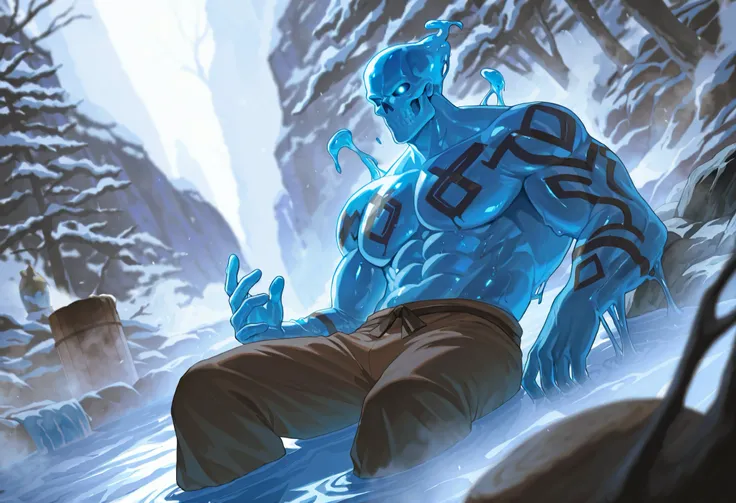 Expressiveh, cold stare, solo male, hungry, score_9, score_8_up, score_7_up, slime short hair, body made of slime, muscular, giant, goliath, slime of a brilliant turquoise blue tone, source_anime, haughty, slime in a form of a man, dark buggy pants, athlet...