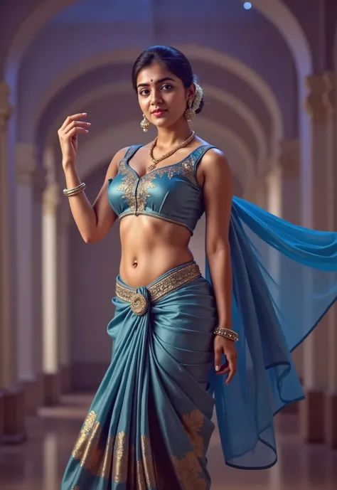Create an image of a person performing a Bharatanatyam classical dance gesture, dressed in a vibrant blue traditional Indian lehenga choli with intricate embroidery and a matching dupatta draped over one shoulder, featuring deep cleavage, a deep navel hole...