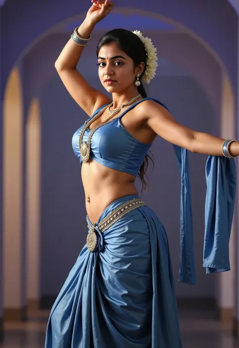 Create an image of a person performing a Bharatanatyam classical dance gesture, dressed in a vibrant blue traditional Indian lehenga choli with intricate embroidery and a matching dupatta draped over one shoulder, featuring deep cleavage, a deep navel hole...