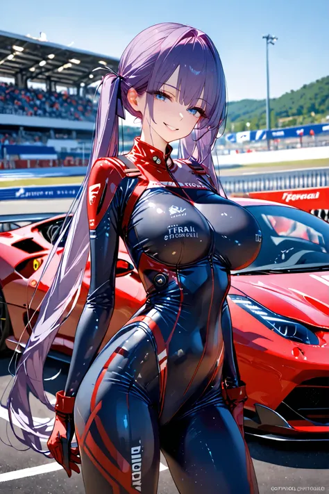 ⚡🌌✨🤖A semi-realistic ultra high quality image of a sexy sensual anime mechanic-girl standing in front of a Ferrari sport car in sexy sensual pose, wear a red mechanic-suit with text-sponsor, big breast, ultra tight suit, very long twintails Purple hair, lo...
