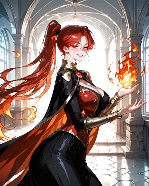 (SuperQuality:1.0) ~ (SuperQuality:1.2), detailxl, 1girl, High Resolution, Best Quality, High Details, Super Detailed, detailed background, indoors, medieval cavern, eolka, red hair, long hair, red eyes, parted bangs, ponytail, manhwa, webtoon, medium brea...