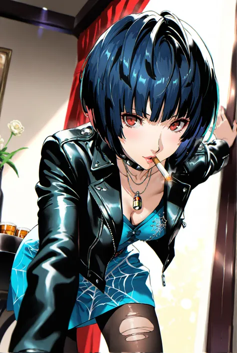 ((masterpiece, Highest Quality, high resolution, CG integrated 8K wallpaper with great attention to detail,ultra detail)),1Girl,takemicasualp5, short hair, bob cut, black hair, blue hair, choker, necklace, leather jacket, blue dress, spiderweb, ripped pant...