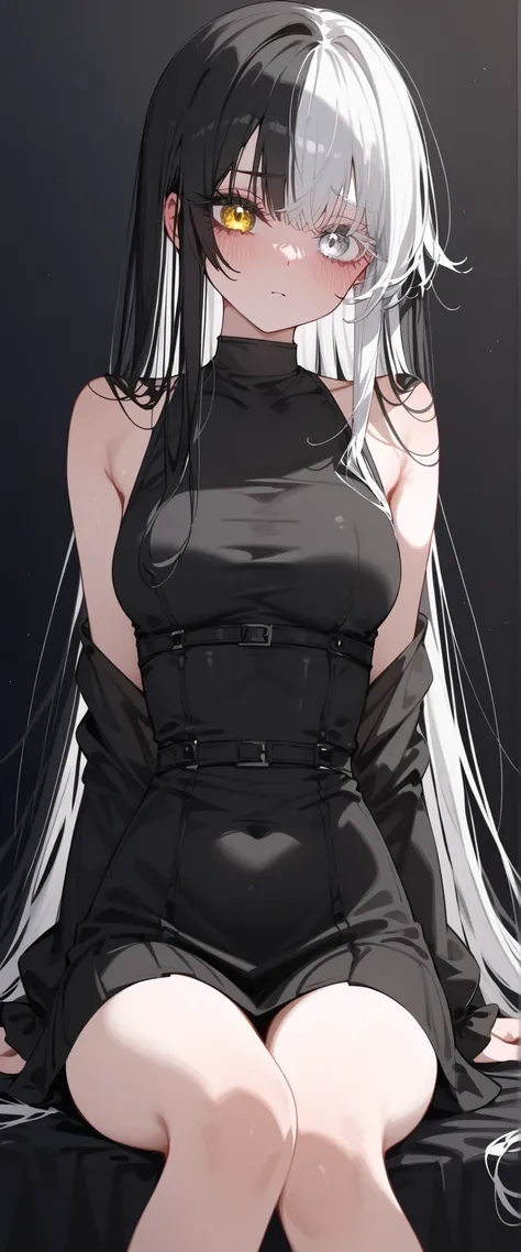 girl,milf,white hair,ผมสีดำ, in white eyes ,in yellow eyes,heterochromia,open shoulder,tight black shirt,Black One Peach Shirt,medium chest,Long Eyelashes,insensitive,, in the empty eye,,Hopeless,good figure,slim,open shoulder,White eyelashes,Slim legs,One...