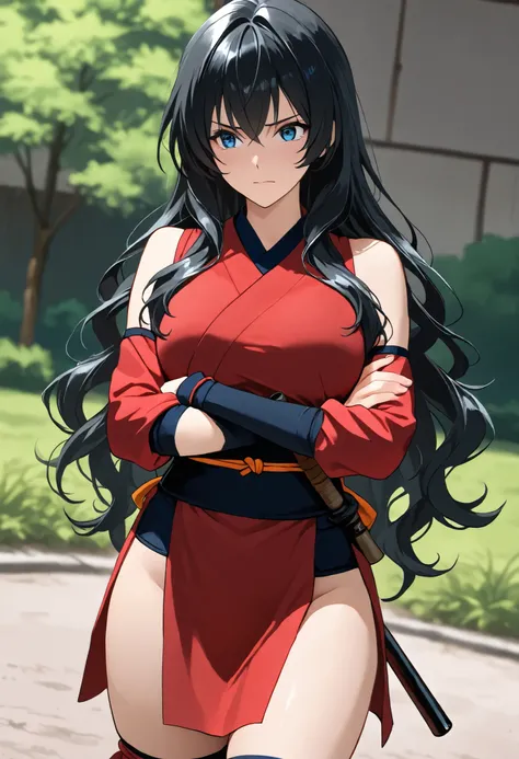ctiancelesti4, blue eyes, long hair,wavy hair, black hair, outdoor, solo, RPG style, kunoichi, red kunoichi outfit, red outfit, dominant, dutch angle, cowboy shot, perfect eyes, perfect body, arm crossed