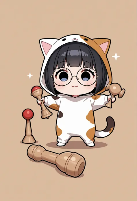 1girl, solo, (chibi:1.4)、Girl with 、round glasses、black haired short bob、I'm wearing a calico cat kigurumi、I'm playing kendama 、She's about the size of a kendama