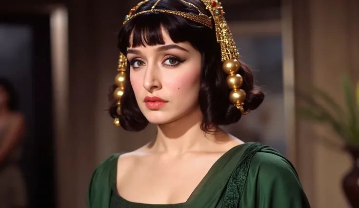 1950s, Image is a stylized portrait of a woman with a classic, historical appearance. She has fair skin and striking facial features, including bold, dark eyeliner that extends dramatically from her eyes, and a prominent beauty mark on her cheek. Her hair ...
