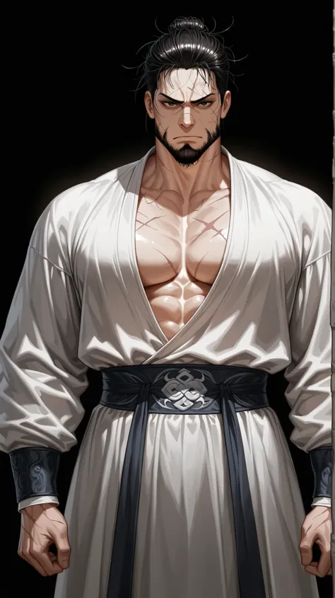 very aesthetic, 걸작, 고해상도, 8k 해상도, high contrast, semrealistic, best_quality, finely_detailed_eyes_and_detailed_face, (1 man), brown_eyes, short_cut, slicked_back, updo_hair, (messy_beard:1.4), male_Hanfu, outer, long_sleeves, looking_at_viewer, front_view,...