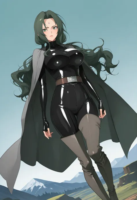 score_9 , score_8_up , score_7_up, solo, 1girl, tsunade, wavy hair, long hair, dark green hair, green eyes, black latex bodysuit fingerless, brown belt, dark grey boots, dark grey thigh boots, dark grey traveler cape, dominant, coboy shot, dutch angle, out...
