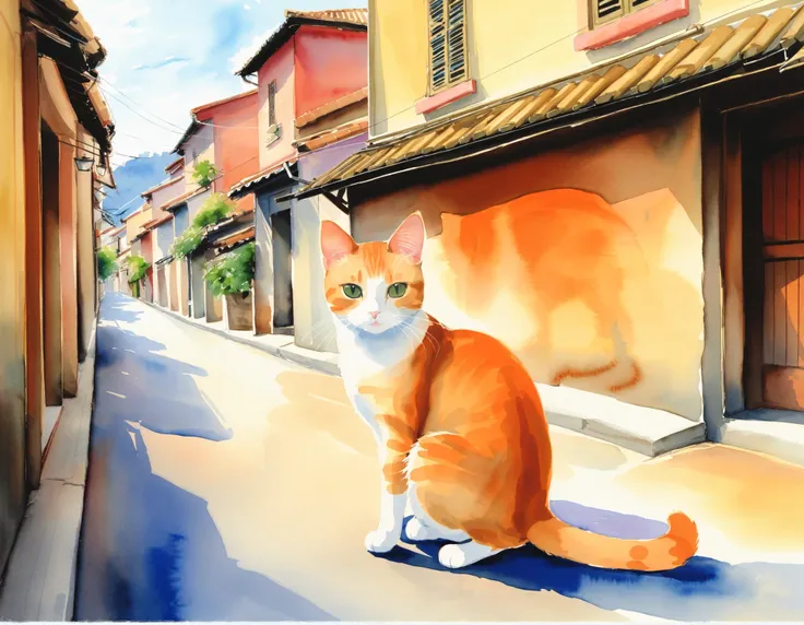 watercolor、cat、Realistic、Street