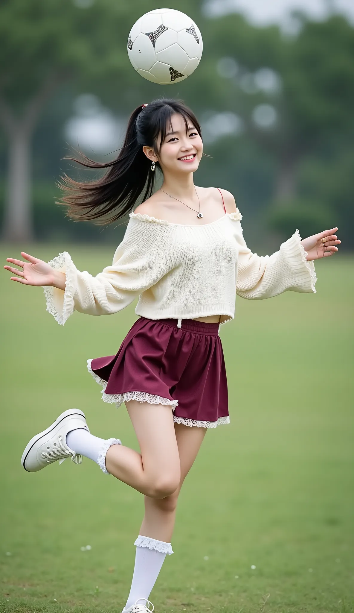 ((full body shot:1.5))、(Petite Young Japanese Woman)、Daytime、(I'm lifting a soccer ball on a grassy ground:1.35)、(above your head {x} raises your knees high and kicks the soccer ball directly above your thighs:1.4)、the moment the soccer ball floats in the ...
