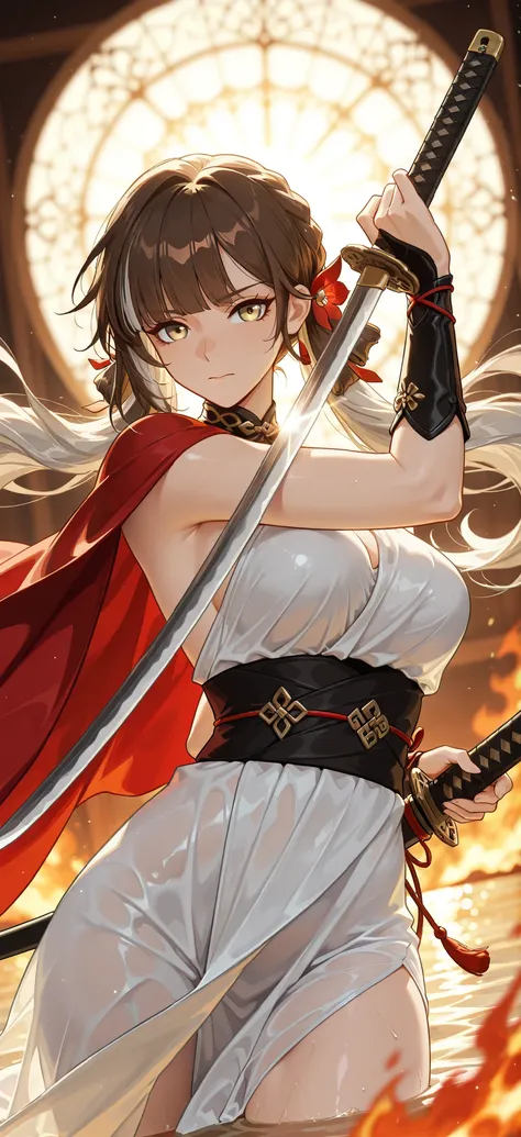 style of [arknights|(748cmstyle:0.88)], god rays, cinematic shot, masterpiece, best quality, amazing quality, very aesthetic, high resolution, ultra-detailed, absurdres, (hands:-0.15), (1girl, mature woman, female:0.95), solo, alone,(dynamic pose, upper bo...