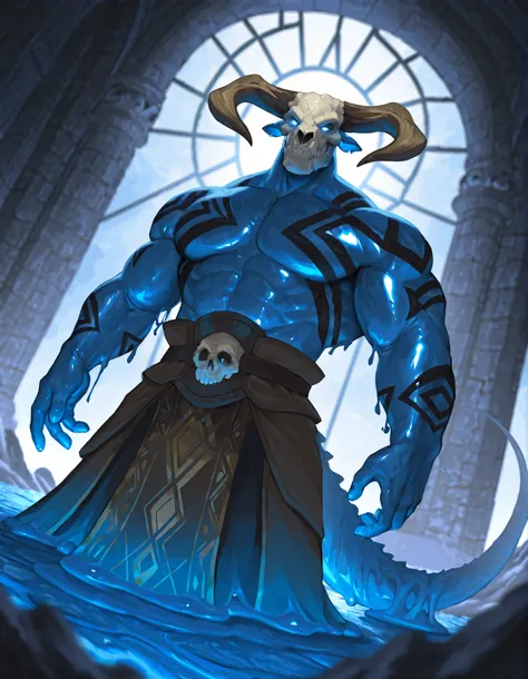 Expressiveh, cold stare, solo male, bara, hungry, score_9, score_8_up, score_7_up, slime short hair, body made of slime, muscular, giant, goliath, slime of a brilliant turquoise blue tone, source_anime, haughty, slime in a form of a man, athletic, human li...