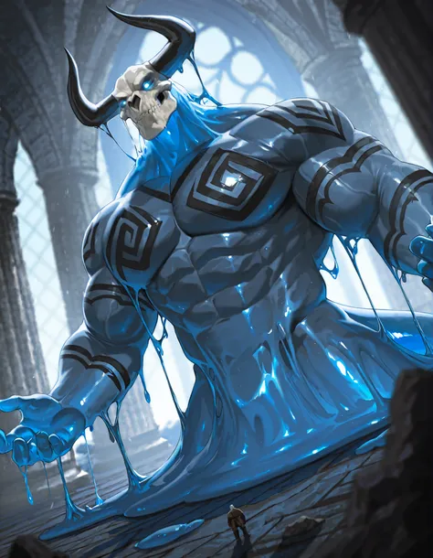 Expressiveh, cold stare, solo male, bara, hungry, score_9, score_8_up, score_7_up, slime short hair, body made of slime, muscular, giant, goliath, slime of a brilliant turquoise blue tone, source_anime, haughty, slime in a form of a man, athletic, human li...