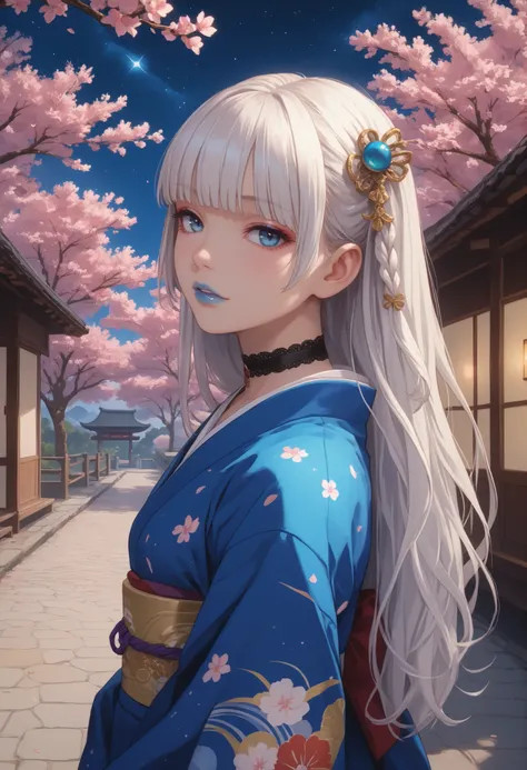 kirari momobami, long hair, white hair, big blue eyes, highly detailed face, glossy detailed lips, blue lipstick, blunt bangs, eyeshadow, hair ornament, black pantyhose, choker, dress, furisode, highly detailed clothing, japanese clothes, kimono with long ...