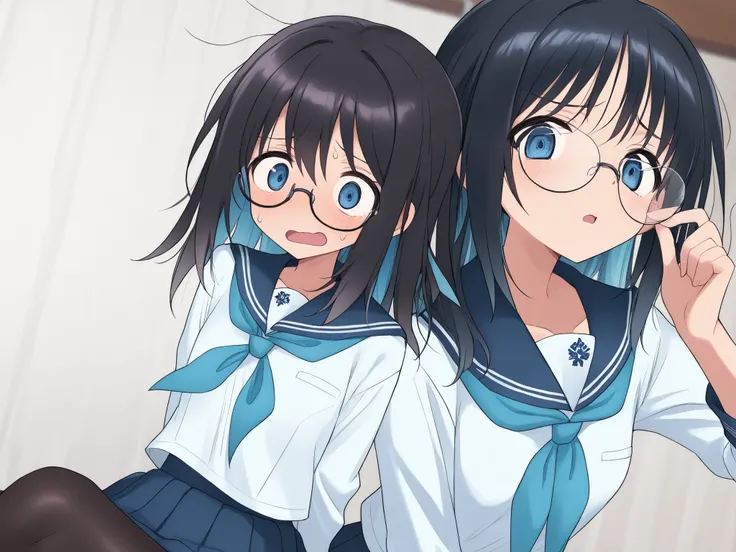 blue eyes、frightened expression、(dark haired、glasses) 、((school uniform、 juvenile system))、Anime Style、High Definition、High Quality、Inside an abandoned school、1girl、sexy、NSFW、Dark Core、Cowboy Shots