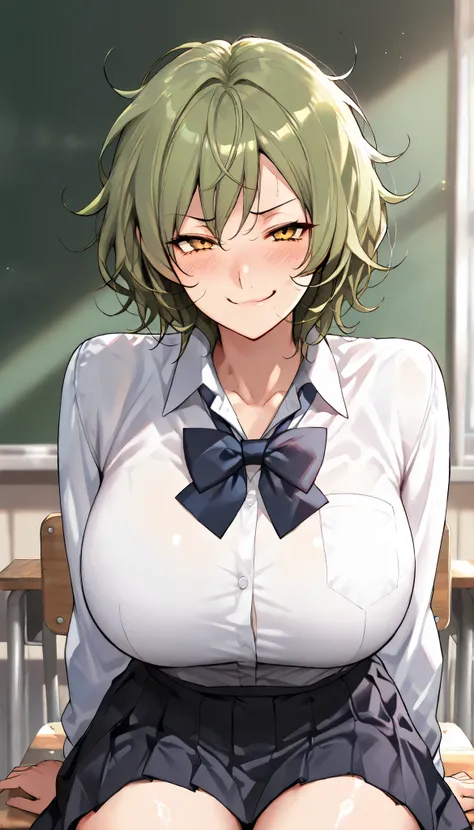 SOLO,Modern Backgrounds,A female with slim body(older girl),yellow eyes,huge oppai,shiny skin,(Wearing A loose JK skirt),(White school uniform),Sitting in Classroom,Arrogant sitting position,(Green hair,Short hair,Messy Hair),(Smug),slightly tilted forward...