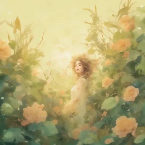 Wind Spirit ,like a hand-drawn design、A quiet, artistic composition where a woman stands gracefully. Plants and flowers are growing upwards, is full of soft green leaves and bright orange and peach flowers. The background is warm and neutral, enhances arti...