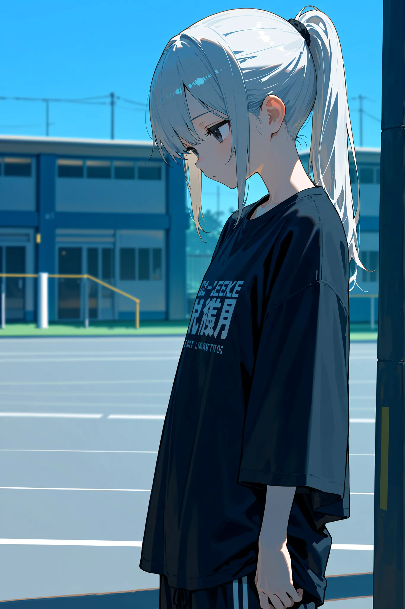(masterpiece, sidelighting, finely detailed beautiful eyes: 1.2), ((best quality)), ((masterpiece)), (highly detailed:1.3), anime, outdoors, sports ground, (plain eyes: 1.2), flat chest, petite body, adult girl, apathetic, emotionless, darkened eyes, long ...