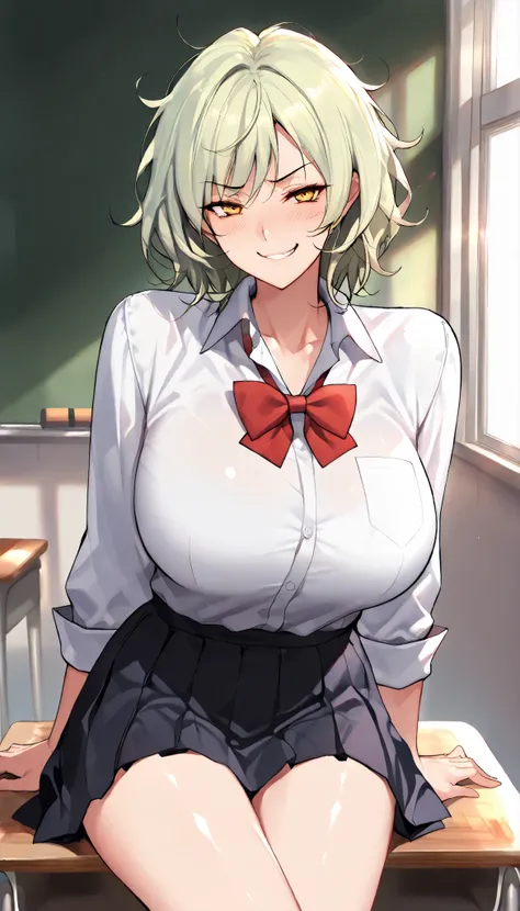 SOLO,Modern Backgrounds,A female with slim body(older girl),yellow eyes,huge oppai,shiny skin,(Wearing A loose JK skirt),(White school uniform),Sitting in Classroom,Arrogant sitting position,(Light Green hair,Short hair,Messy Hair),(Smug),slightly tilted f...