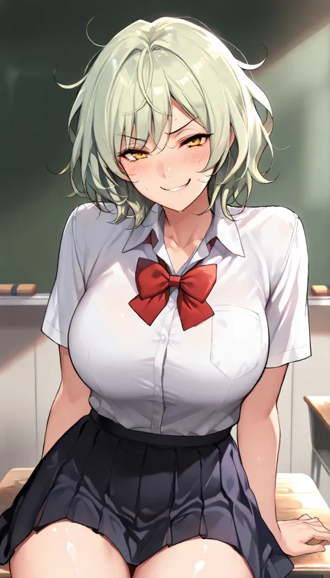 SOLO,Modern Backgrounds,A female with slim body(older girl),yellow eyes,medium oppai,shiny skin,(Wearing A loose JK skirt),(White school uniform),Sitting in Classroom,Arrogant sitting position,(Light Green hair,Short hair,Messy Hair),(Smug),slightly tilted...